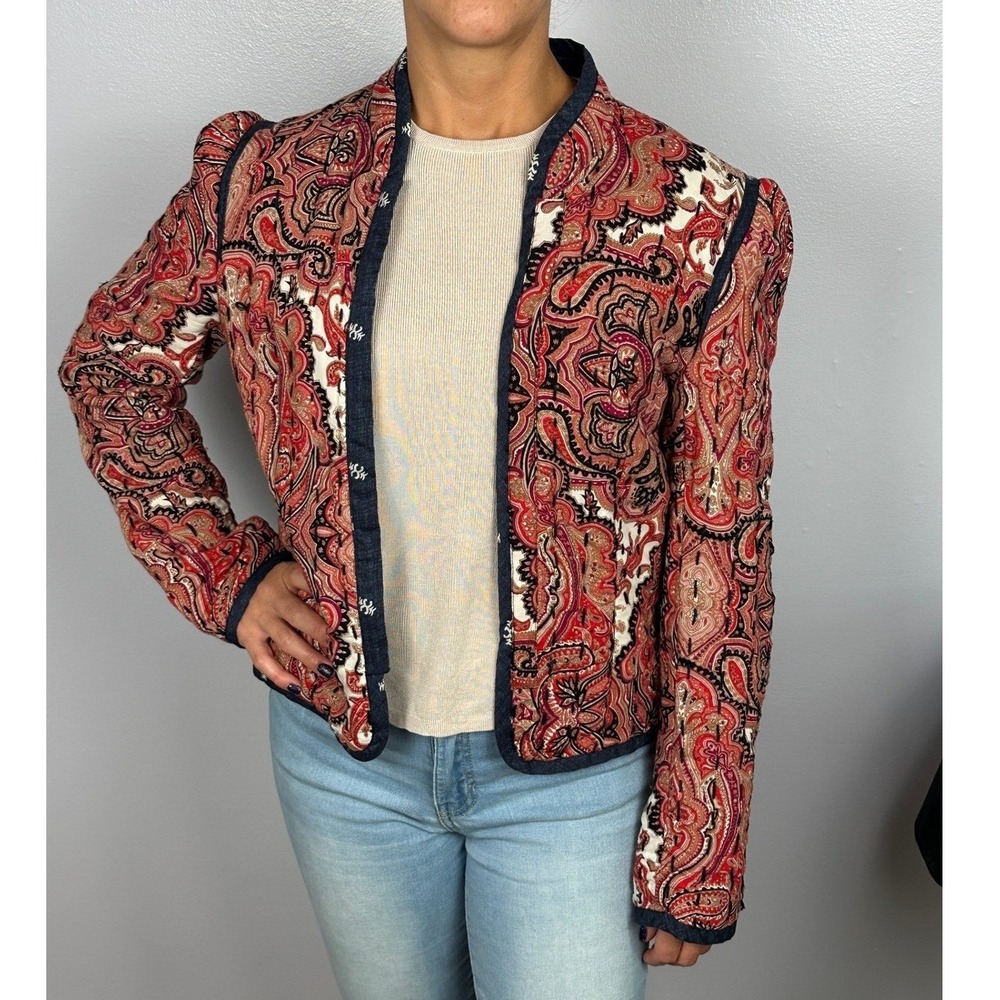 Anthropologie Quilted Jacket Paisley Print Red Navy Boho Soft Cozy Denim Women M